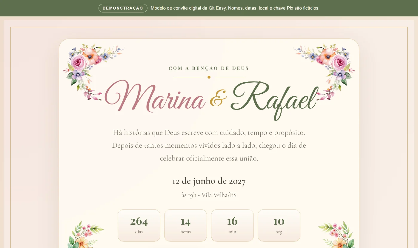 Prévia do site de convite de casamento digital